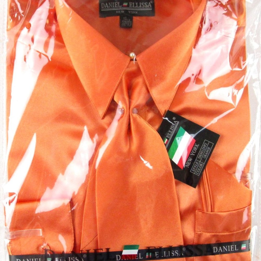 NWT Daniel Ellissa Mens Metallic Orange Satin Dress Shirt & Tie Set 14.5 (32/33)